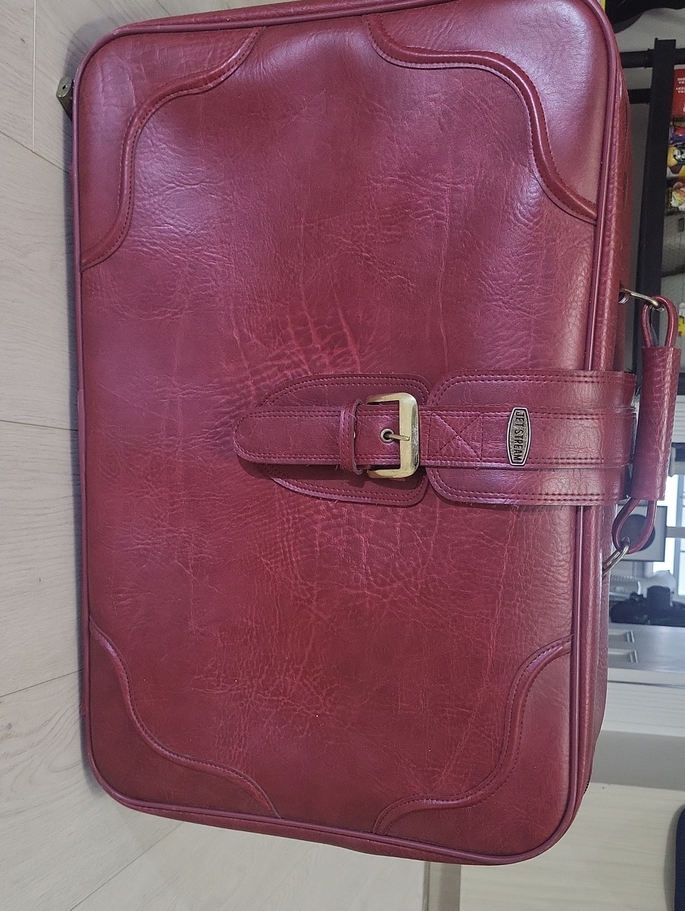 Leather Briefcase with Buckle Strap in Deep Red - Jetstream